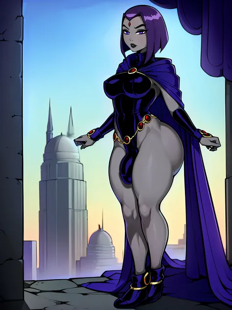 (solo:1.1),(masterpiece), (best quality:1.3), ultra detailed, intricate, professional art, digital art, absurdres, shadraven, (Full body view:1.1), 1girl, solo, (grey skin:1.4), dark purple hair, bob hair, purple eyes, hips wider than shoulders, pear shape...