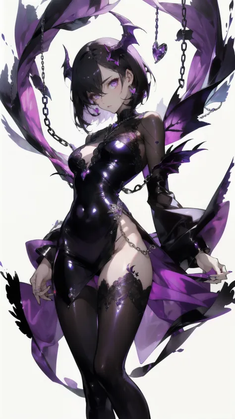 ((masterpiece, best quality)), Delicate face，Succubus，Standing picture，whole body，Perfect body proportions，Long legs，Handsome short hair，Beautiful purple eyes，Fantasy style，White background，Extremely beautiful，transparent，Transparent_比基尼，chain，Tattoo，Lace，...