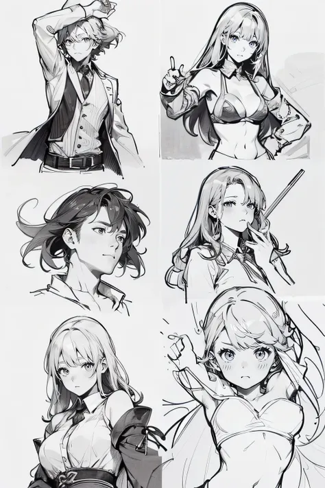 Drawing Lessons, top-quality, sport Poses, Correct anatomy, Beautiful body curves, Sketch beech, Daily Draw, vestments, Pencil、black-and-white、monochromes、Granblue Fantasy、Hair falls on the shoulders