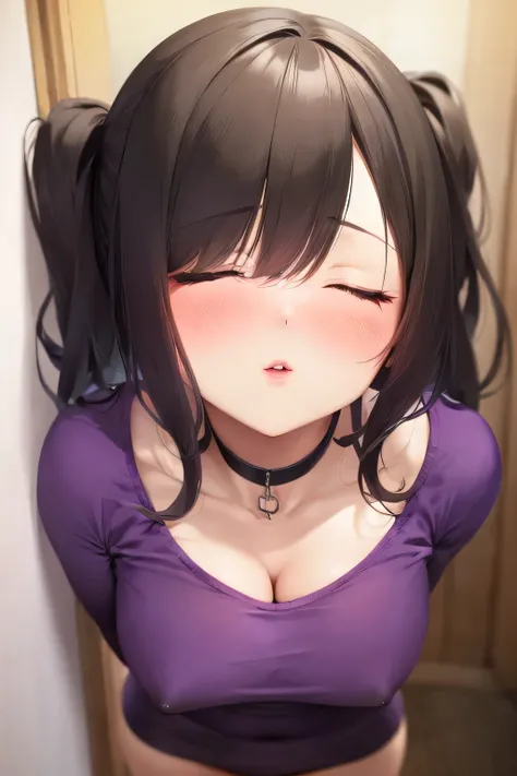 a short sexy woman wearing purple t shirt and black tracks, pinned against the wall, eyes closed, lips parted, blushing intensely, ready to kiss