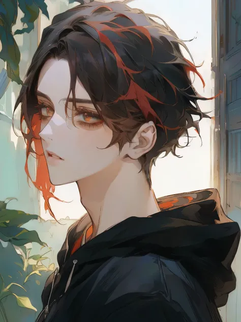 anime boy with red hair and black jacket looking out a window, handsome guy in demon slayer art, young anime man, in an anime style, demon slayer rui fanart, male anime style, anime boy, anime style portrait, in anime style, high quality anime artstyle, an...