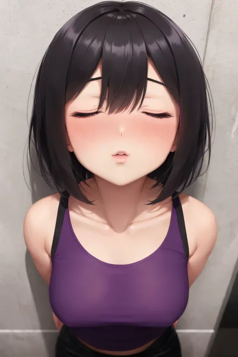 a short sexy woman wearing purple t shirt and black tracks, pinned against the wall, eyes closed, lips parted, blushing intensely, ready to kiss