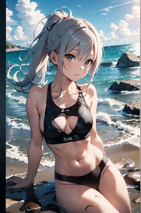 High resolution,topless、
One beautiful young woman,Silver Hair、ponytail、
(Soft Saturation:1.3), (Fair skin:1.2),
(ultra-Detailed Background, Detailed Background), Bokeh,
break&#39;Portrait of a smiling girl.,
When viewed from the front, The composition is ...