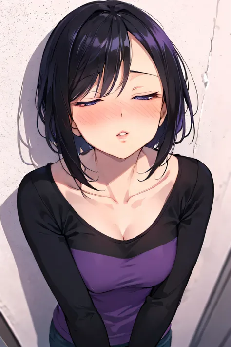 a short sexy woman wearing purple t shirt and black tracks, pinned against the wall, eyes closed, lips parted, blushing intensely, ready to kiss