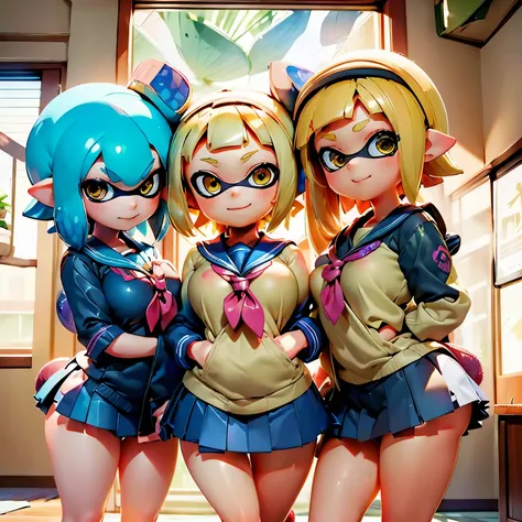 (high quality, 8k, 4K, High Contrast, masterpiece:1.2, 最high quality, Best aesthetics), Real Anime、3d、 ((4 Splatoon Girls))、 ((Four women in sailor suits posing sexy)), Beautiful woman face, A slightly thinner face、Golden Eyes、Colorful tentacle hair color,...