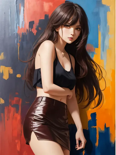 ムラムラする女の子、(dark brown eyes:1.2),1 girl、long legs,Silver Hair、Dark brown eyes、Shining Eyes、Crop top、mini skirt、Parted lips、1woman wearing trendy clothes, in an abstract oil painting style, fashion show, The painting is ultra-high detailed and has a resoluti...