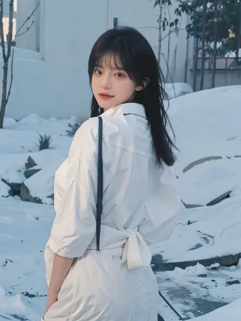 Best quality，masterpiece，Double tail，Ultra-high resolution，snow，16K,Snow background，（Photo Realism：1.4),1 Girl，JK，sexly，（shirt and tie：1.2),（Big breasts：2.3),（Upper body：1.4)