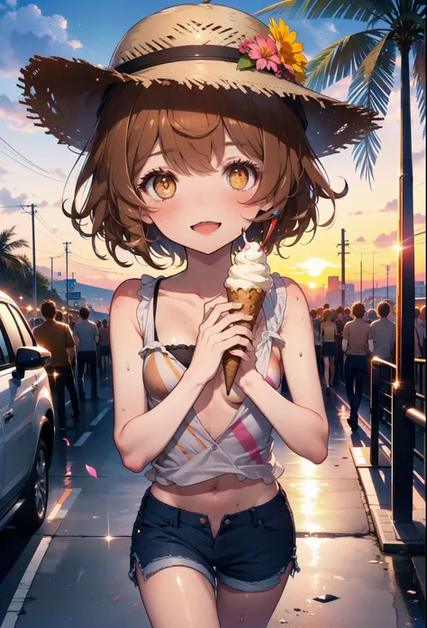 Lililukarde, Liliruka gets burned, , (Brown eyes:1.7), Brown Hair, (Flat Chest:1.2), smile,blush,Open your mouth,Straw hat,short hair,Brown tank top,Shorts,Holding ice cream in both hands,Heeled Sandals,Walking,sunset,evening,The sun is setting,whole bodyが...