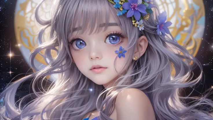 photograph、water、8age、high resolution、quality、Real masterpieces, Highest quality, Highly detailed shape,1 Girl,alone, Image body, flower, Looking at the audience、 Purple eyes, Jewel-like eyes, Very beautiful eyes, Highly detailed face、universe (null), cons...