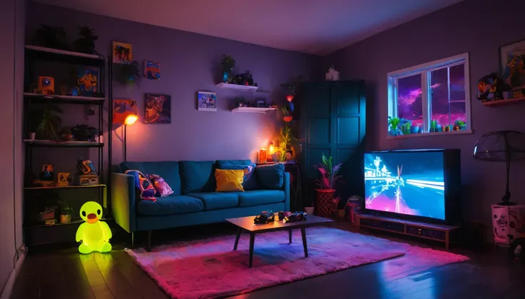 night time setting inside small apartment living room with big screen tv, neon lights games, action figures