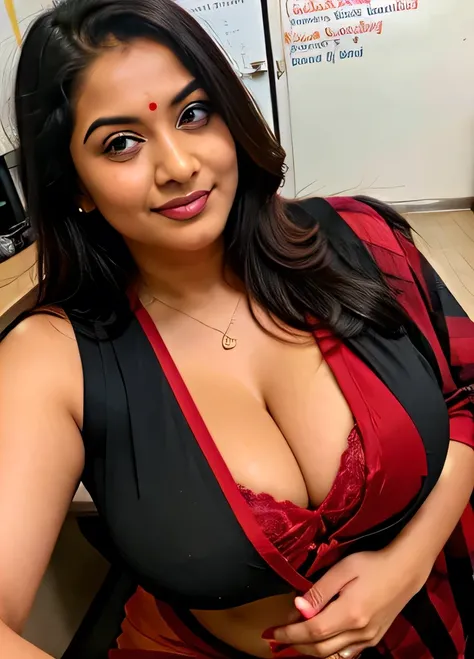 Busty indian milf teacher, seducing students with her cleavage, big , curvy, red and black saree