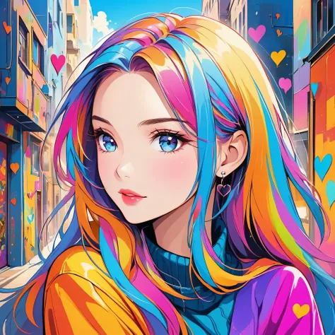 Christian Riese Lassen colorful style, Simple Line Initialism，Abstract art，Urban Background, (((The most beautiful girl of all time))), Sweet face. Lips in love, colorful hearts, stylish design