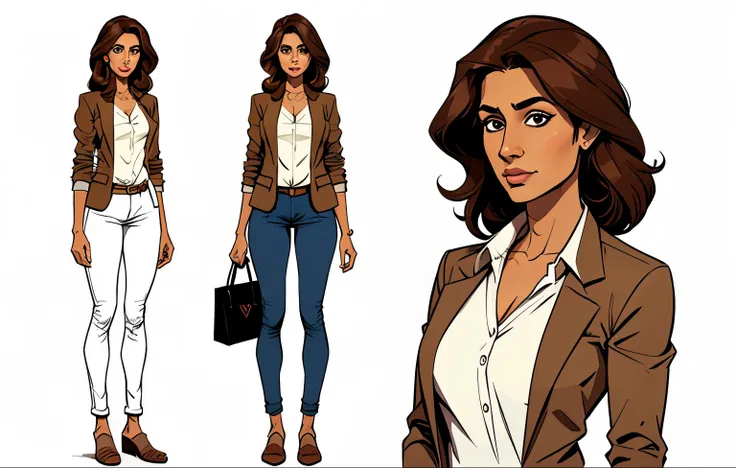 Priya Vantari, Flat colors, character sheet of a 35 year old professional looking girl, tan skin, dark brown hair, natural beauty, beautiful, casual, blazer and blouse, simply white background 