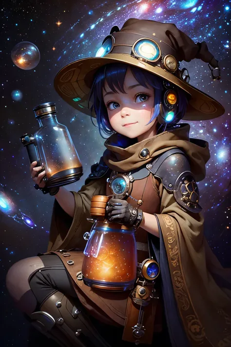 (Highest quality:1.2)。steampunkai。(((Galaxy in a flask)))A cute little witch watching intently。(((Staring into the flask)))。A curious smile。