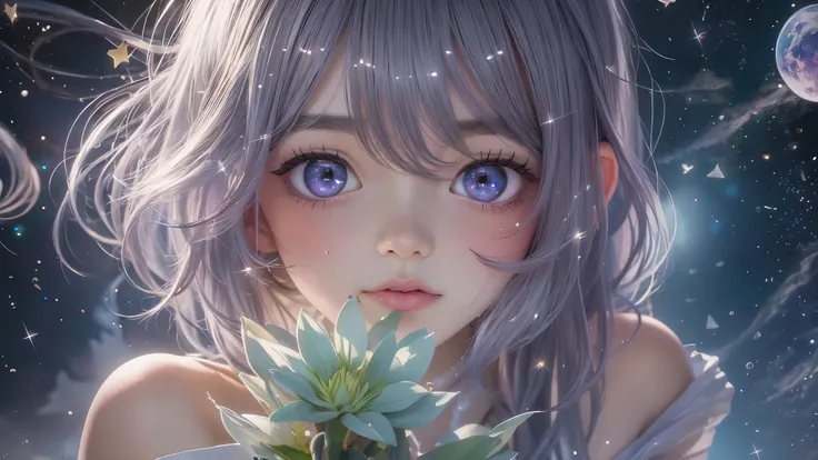 photograph、water、8age、high resolution、quality、Real masterpieces, Highest quality, Highly detailed shape,1 Girl,alone, Image body, flower, Looking at the audience、 Purple eyes, Jewel-like eyes, Very beautiful eyes, Highly detailed face、universe (null), cons...