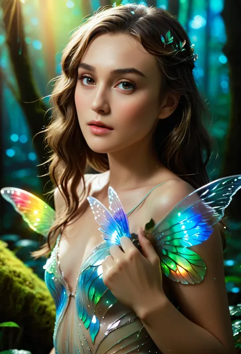 Keira Knightley as a Fairy,(Very detailed:1.2),(Highest quality:1.2),(8k:1.2),Sharp focus,(Scattered beneath the surface:1.1),Award-winning photo,Professional portrait photography,(Close-up shot:1.1) (A glowing bioluminescent forest:1.2),Rainbow fairy wing...