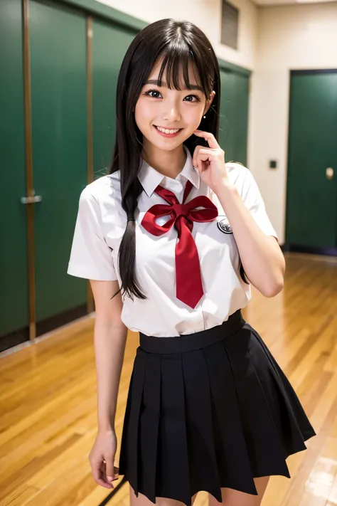 Standing in a large, empty room、Cute black hair、Twin-tailed high school girl、Summer uniform、Japanese、Makeup and a pretty face like an idol、Smiling、mini skirt、Full body portrait