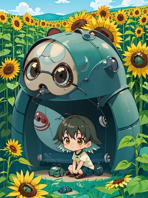 Makoto Shinkai colorful style, Kawaii Design, The most beautiful girl of all time、chibi, playing, (((Cute pillbug))), sunflowers