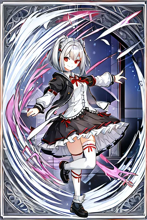 One girl, Maid、Frills、Silver Hair, Red eyes, anime, Bob Hair, smile, La Pluma, Open jacket, skirt, Knee socks, Arknights,hair ornaments,Groin,,
