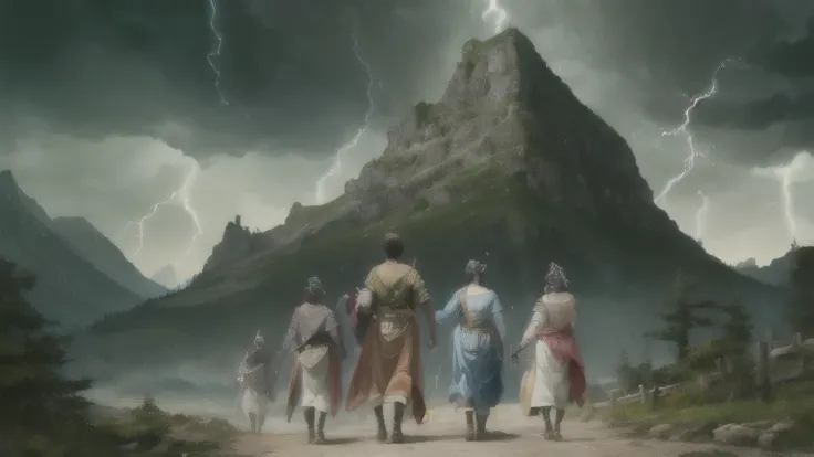 ((best quality)), ((masterpiece)), (detailed), A digital illustration of group of people dressed in ancient attire walking towards a mountain with a cage in their hand. The background is dark with lightning bolts.