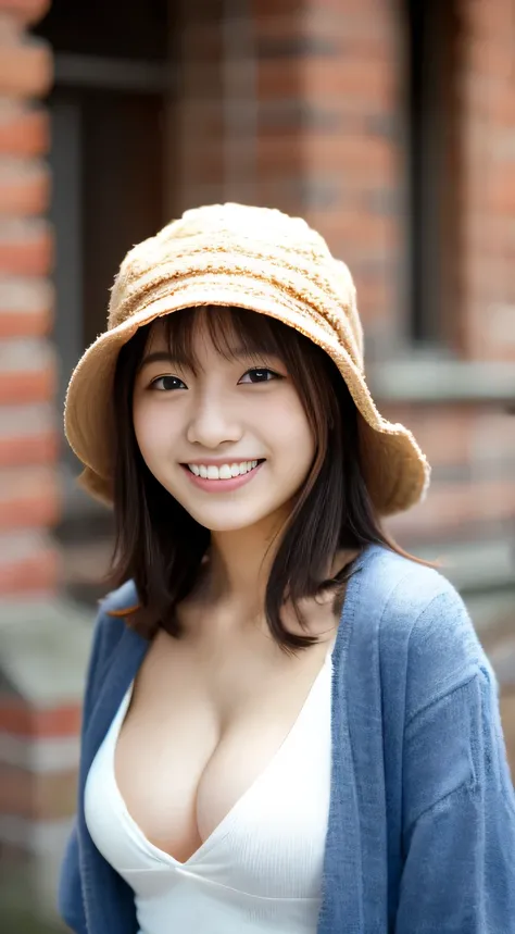 masterpiece,best quality,(Japanese ),((Beautiful girl)),cleavage,(perfect body beauty:1.2),(shy smile),beautiful teeth,(Blurred background of brick buildings),(hat),