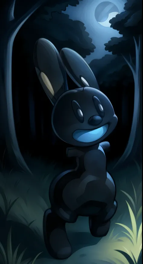 Oswald, armless, missing arms, no arms, black eyes, big and wide mouth, agape, white polka dots on ears, full body, happy expression, expressive, dynamic angle, forest, moonlight, detailed art, intricate details