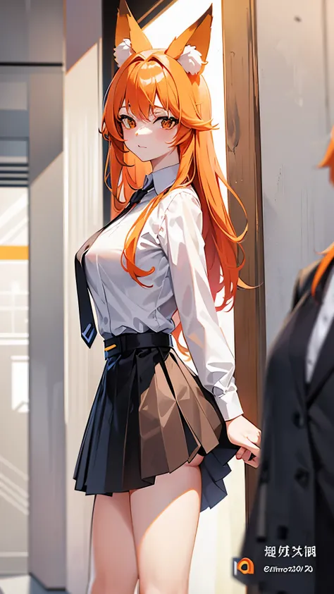 Standing full-length photo in anime style of a cute 20-year-old girl with long orange hair, fox ears. large, delicate body and large bust, wearing sexy  clothes, a loose white blouse, a slim orange tie, a short black skirt, white socks and black shoes. whi...