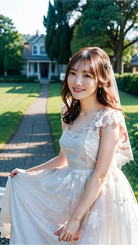 (8k、RAW Photos、Highest quality、masterpiece:1.2)、(Realistic、Realistic)、1 girl、((Wedding dress、Chapel、Short Bob、View from the front、smile、Look at the camera and smile、stand))、cute、Small breasts