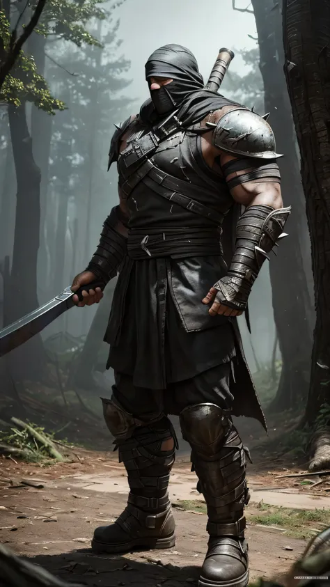 Torr from Mortal Kombat, muscled, ((torn bag on head)), eyes, armor, spikes, guantlets, armored boots, barefoot, metal headband, standing, forest, (insanely detailed, beautiful detailed face, masterpiece, best quality), cinematic lighting, 1man, solo, full...