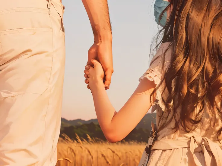 arafed  a young is holding its fathers hand as they are waiting to see if their mother is among the survivors who are arriving from the boat accident. Holding the hand of a man in a field, father holds  in the hand, holding hand, photo of a beautiful, fath...