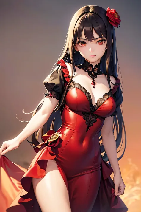 masterpiece, top quality, super detailed, high resolution, (realistic, photorealistic:1.37), excellent anatomy, beautiful 1 woman, (anime girl in a red and black dress with a red flower in her hair), trending on CG station, cute anime woman in a nice dress...