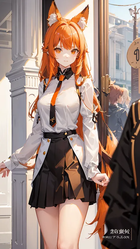 Standing full-length photo in anime style of a pretty 20-year-old girl with long, half-length orange hair, fox ears. large, delicate body and large bust, wearing sexy  clothes, a loose white blouse, a slim orange tie, a short black skirt, white socks and b...