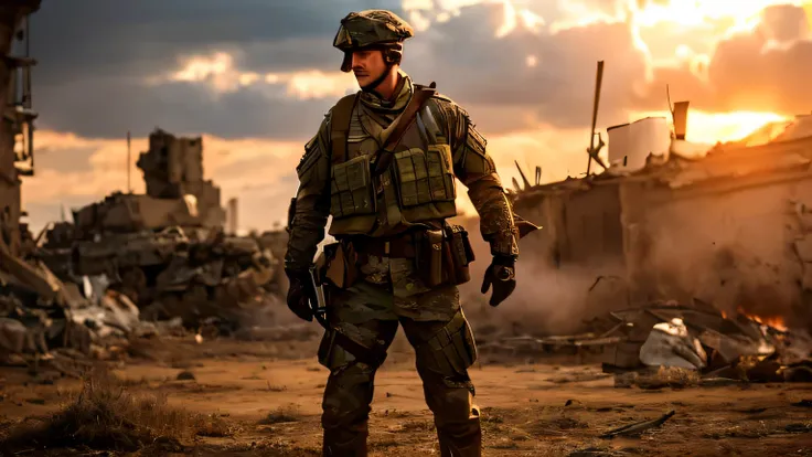 In the midst of battle, a courageous soldier stands tall against a ruthless army. His weathered uniform gleams in the fiery light, his eyes fierce and unwavering. The image, a realistic photo, captures the raw intensity of the clash. The soldiers scars tel...