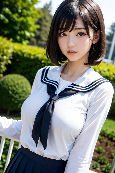 (Sexy pose),

(Highest quality, 8k, 32K, masterpiece, Ultra-high resolution:1.2), Cute Japanese Girl, (Huge breasts:1.1), Short black hair, bangs,Idol,Natural Makeup, (Japanese Sailor Suit),Pleated skirt, Tight waist, (Outdoor, garden, blue sky),(high scho...