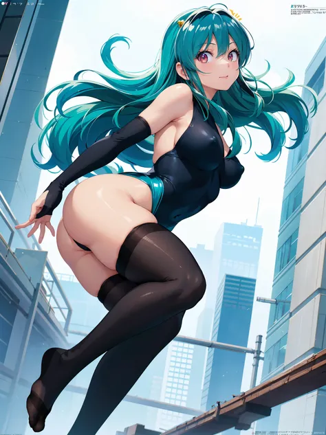 (1 Girl),(high quality), (High resolution), (Very detailed), (8k),(Demolition paperback correct)、Urusei Yatsura、Ram-chan、((sexy leotard))、((Focus on the whole body))、Nipple Shape、((Black knee-high stockings))、Hair messed up by the strong wind、Neutral White...