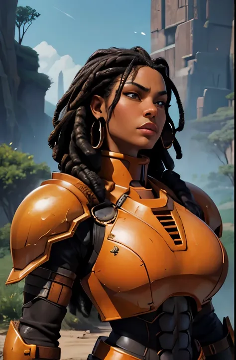 portrait of  african woman with (short black dreadlocks), black hair pulled back, wearing a (heavy orange mechanical armor, powe...