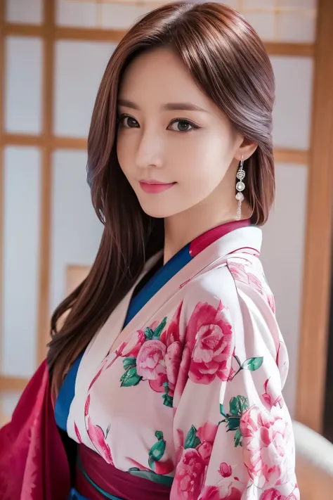 (best quality,highres,ultra-detailed),((portrait )),1beautiful Japanese lady,beautiful detailed eyes,beautiful detailed lips,extremely detailed face,longeyelashes,soft smile,flowing hair,natural lighting, wearling japanese elegant Kimono,