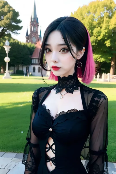 In a beautiful park a modern looking woman. It has a very colorful and striking kawaii gothic style.., with elegant makeup and a colorful wig.