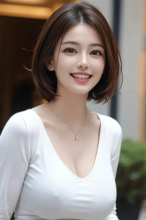 ((masterpiece)), ((Highest quality)), ((Complex)), ((Surreal)), (Realistic), (Mature Woman), ((There are no classes)), Very detailed, (1 female), Beautiful and exquisite, (Beautiful Teeth), Grin, Brunette bob hair, Brown eyes, ((blouse)), (Upper Body), (ba...