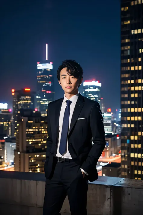 masterpiece,best_quality,1 japanese man,two block hair,business suit,outdoors,cityscape,night,dramatic angle