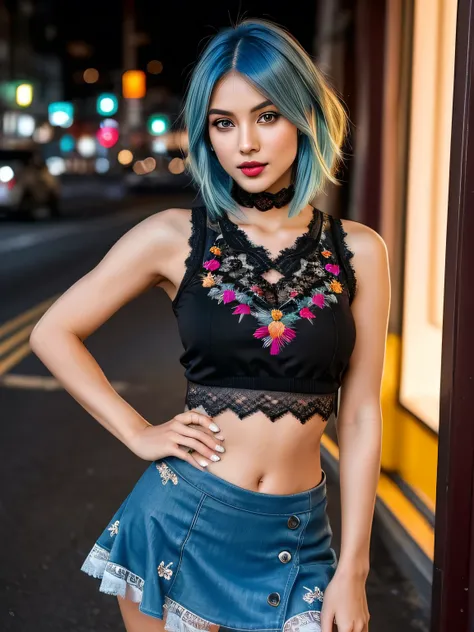 (blue hair:1.4), short hair, realistic green eyes, cobalt hair, long bob hair, tousled hair, shoulder length hair, Full body, woman with white skin and Asian features, 24 year old, big breast. She has a small, elegant nose with a slight upward curve at the...