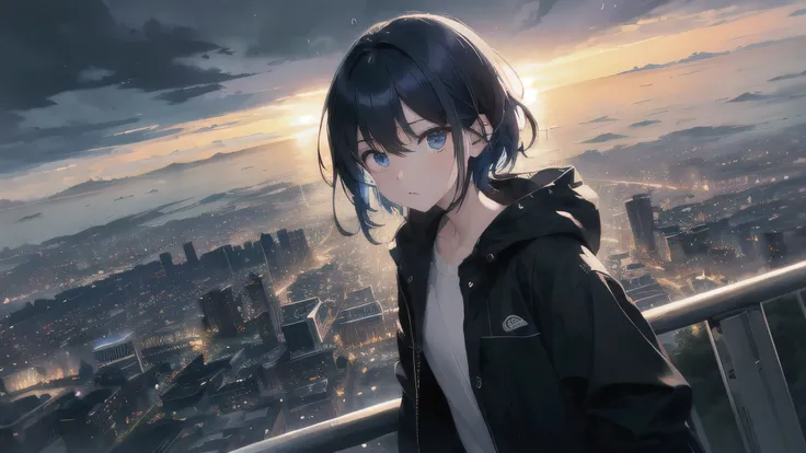 Confused, High resolution, (Official Art, beautifully、aesthetic:1.2), Close a view, Bright Sky, A vast world, girl, stare, Awe-inspiring expressions, Distant Horizon, cloud, High Hill, Natural beauty, Inspiration, Light effects,rain,cloudy sky,road,cloudy ...