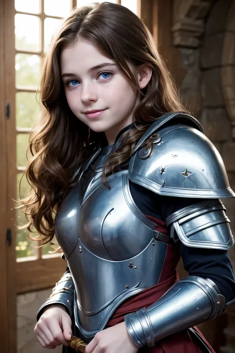 ((high resolution)), ((pale skin)), freckled, brunette ((11 year old)) girl, with blue eyes, blushing cheeks, wavy hair, smiling, as a fantasy warrior, sexy armor