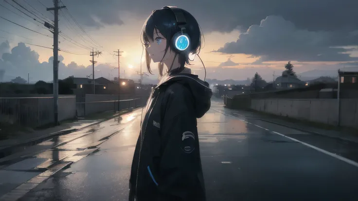 Confused, High resolution, (Official Art, beautifully、aesthetic:1.2), Close a view, Bright Sky, A vast world, girl, stare, Awe-inspiring expressions, Distant Horizon, cloud, High Hill, Natural beauty, Inspiration, Light effects,rain,cloudy sky,road,cloudy ...