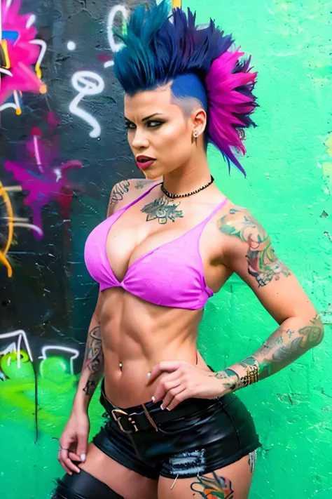 (work of art, best qualityer:1.2), 1 girl ,intrincately detailed, "Punk Girl", in dynamic pose, ((mohawk hair, punk hair, angry face, tattooed , hot body, abs)) . Shallow depth of field, vignette, highy detailed, high budget, bokeh, cinemascope, temperamen...