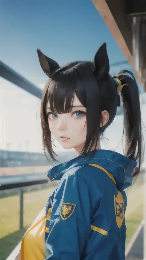 Deep Impact personified,Horse-eared beauty,Horse tail,Horse Girl,Based on black, blue and yellow、Clothing with a lightning motif,Highest quality,Sharp focus,short hair