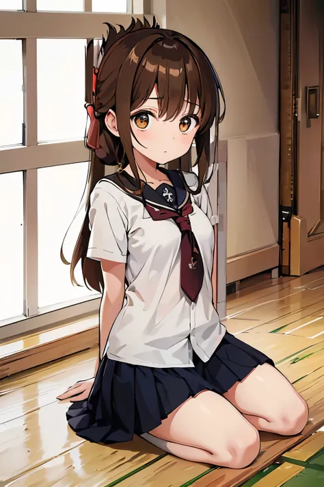 (masterpiece, best quality:1.2),illustration,8k,hd,1girl,solo,upper body,(portrait:1.2),brown_hair,folded_ponytail,brown_eyes,serafuku,long_hair,school_uniform,skirt,pleated_skirt,