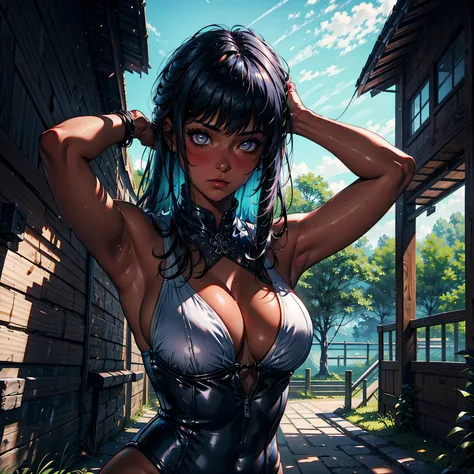 1girl, (solo), long bob hair, black hair, white eyes, serious, blushing, (medium breasts), light taned skin, white swimsuit, black long boot, black glove, sexy pose, arms in the air, hand behind the head, japanese temple behind, medieval japanese town, (da...