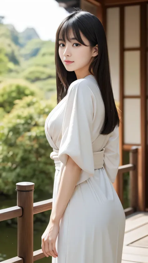 Create an ultra-realistic image of a 21-year-old Japanese woman named Kotone visiting the samurai residences in Kakunodate, Akita. She has extremely long, perfectly straight black hair that flows down to her waist, with blunt bangs that cover her forehead....