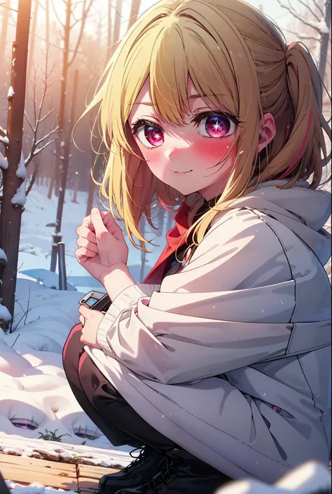 rubyhoshino, Hoshino Ruby, Long Hair, bangs, blonde, (Pink Eyes:1.3), Side Lock, (Symbol-shaped pupil:1.5), Multicolored Hair, Two-tone hair, smile,,smile,blush,white breath,
Open your mouth,snow,Ground bonfire, Outdoor, boots, snowing, From the side, wood...